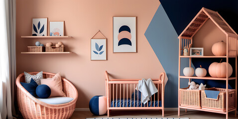 Cozy Corner for Tots: Light Peach and Indigo Accents Adorn a Toddler's Room with Baskets and Books, Modern Minimalism Style