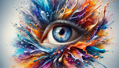 Artistic rendering of a human eye surrounded by a dynamic and colorful explosion of paint splatters, symbolizing creativity, vision and perception. Vision concept. AI generated. - obrazy, fototapety, plakaty