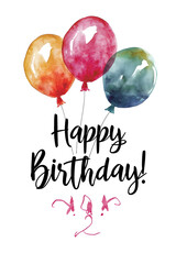 happy birthday greeting card, post card for children's birthday. vector. bright letter and presents. ballons. white background, isolated.
