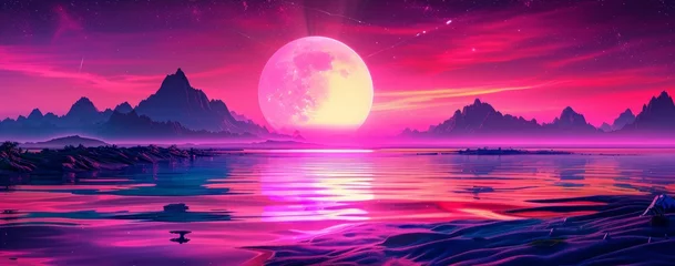 Wall murals Pink Retro wave and synthwave digital landscape, sunset, mountains. Bright glowing sun above horizon. Volumetric light. Neon grid on ground. 80s 90s Style. Retro futurism.