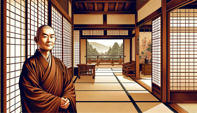 日本の仏教寺院と僧侶のイラスト　( AI生成画像 )