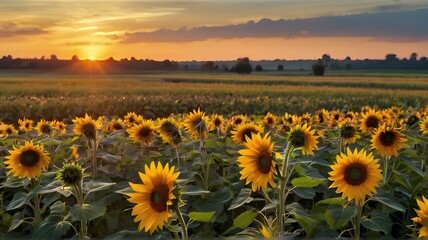 field of sunflowers at sunset