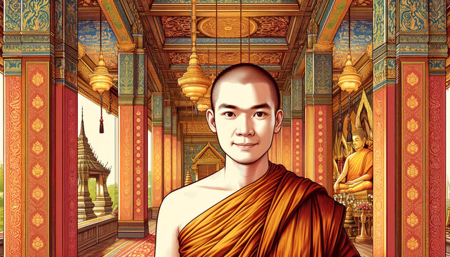 タイの仏教寺院と僧侶のイラスト　( AI生成画像 )