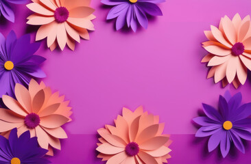 Colorful paper flowers on purple background with copy space. 