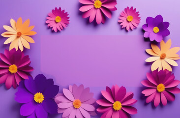 Colorful paper flowers on purple background with copy space.