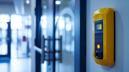 Finger print scan access control system machine on wall near entrance door office generated by ai