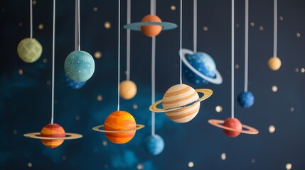 Cute mobile of planets in solar system orbit hanging from the ceiling, Generative AI 