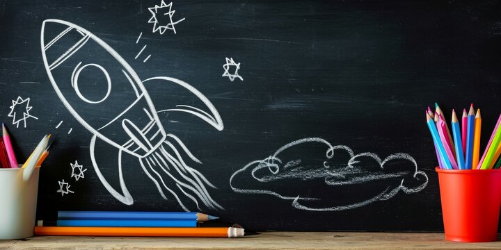 Back to school concept with rocket and pencils on blackboard background