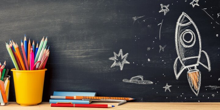 rocket and pencils on blackboard background. back to school concept