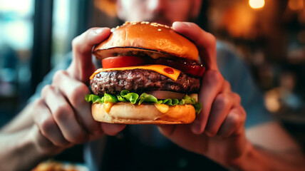 burger in hands with delicious cheese, lettuce, tomato and sesame bun - obrazy, fototapety, plakaty