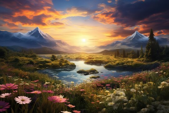 sunset over the river Ai generative HD 8K wallpaper Stock Photographic Image. sunrise over the mountains and river 4k HD quality photo. beautiful landscape wallpaper, HD background wallpaper