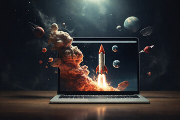 Rocket coming out of laptop screen, innovation and creativity concept - obrazy, fototapety, plakaty