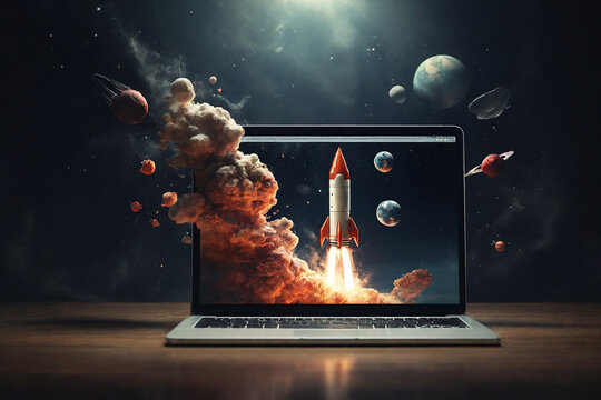 Rocket coming out of laptop screen, innovation and creativity concept