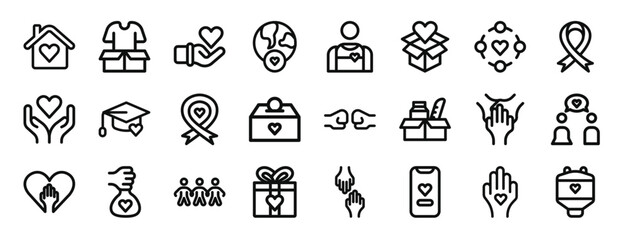 Fototapeta na wymiar set of 24 outline web charity icons such as nursing home, clothes donation, charity, world peace, volunteer, charity, community group vector icons for report, presentation, diagram, web design,