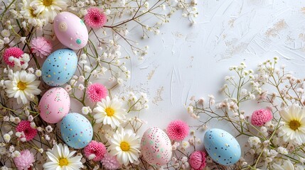 Fototapeta na wymiar White textured, horizontal, Easter banner with the image of blue and pink chicken eggs and various colors, space for text, generative AI. 