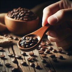 Coffee bean in a wooden spoon - obrazy, fototapety, plakaty