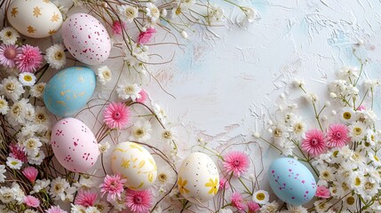 White textured, horizontal, Easter banner with the image of pastel-colored chicken eggs and various colors, space for text, generative AI.  - obrazy, fototapety, plakaty