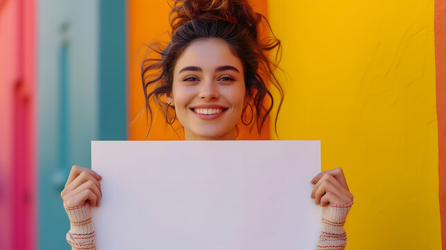 Happy young beauty woman smiling holding showing blank white empty paper note with copy space for text ad advertising , business announcement promotion concept, street wall vibrant colorful background
