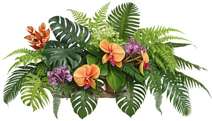 Tropical Plant Bush with Monstera, Fern, and Orchids isolated on white background 