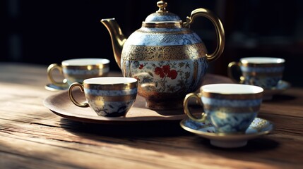 Tea set on the wooden table. Teapot and cups.