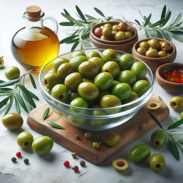 Green olives in a transparent bowl isolated on white background