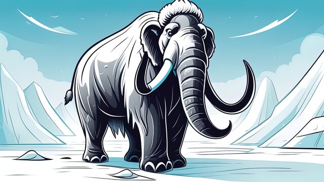 Mammoth walking and the sun on background. Mascot style ice age giant animal isolated illustration. Good for poster or t shirt design.