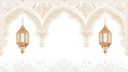 Fototapeta premium Ramadan Kareem White and Golden Luxury Islamic Ornamental Background - Decorative Hanging Lantern Ornament with Islamic Border