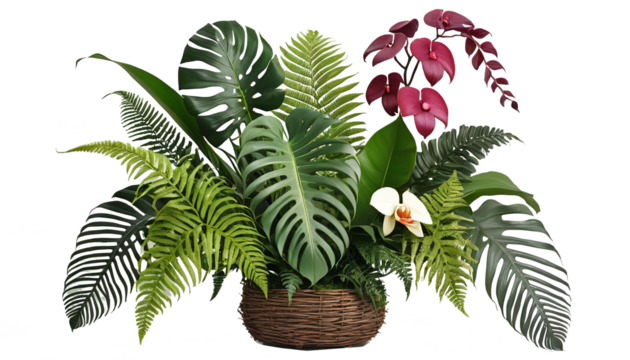 Floral Arrangement with Tropical Leaves and Vanda Orchids isolated on white background 