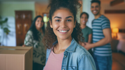College time. Education. Young female college student moving her stuff out of home to a college. Her smiling parents helping in the background.