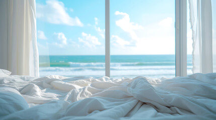 Close up bedroom with white messy bedding and big window with view to beautiful sea or ocean beach. Summer, travel, vacation, holiday, relax concept.