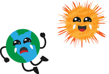Sad Earth and Happy Sun Character Cartoon