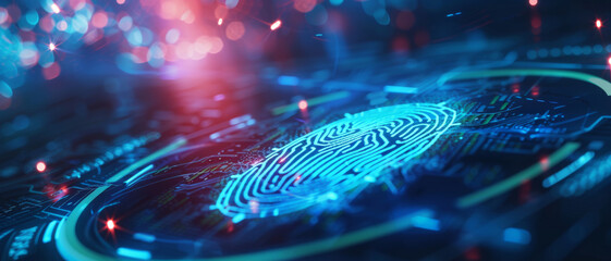 A luminescent digital fingerprint pulses with data streams, symbolizing cybersecurity and digital identity on a dark circuit board