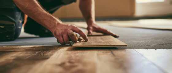 Focused hands of a craftsman lay wooden flooring, illustrating skillful precision and the beauty of manual work