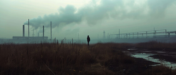 A solitary figure stands before a misty industrial landscape, smokestacks billowing pollution, encapsulating environmental concerns