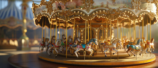 A golden carousel gleams in the sunlight, its horses frozen mid-gallop, evoking childhood nostalgia and timeless joy