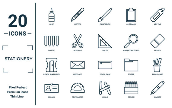 stationery linear icon set. includes thin line glue, post it, pencil sharpener, id card, marker, ruler, pencil case icons for report, presentation, diagram, web design