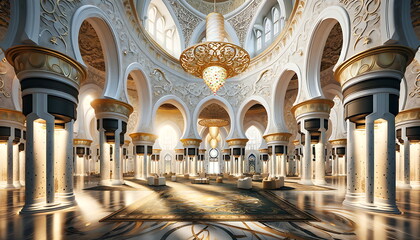The interior of the mosque is white and gold. It looks majestic and beautiful for Muslim worship. - obrazy, fototapety, plakaty