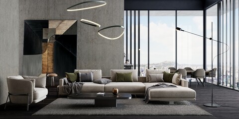 3d modern living room with sofa.Luxury interior, modern large sofa with armchairs, carpet