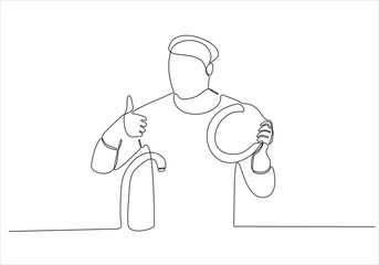 continuous line of men washing dishes with a thumbs up
