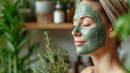 A young woman applied a green mask to her face, against the backdrop of a bathroom, natural daylight. Spa, beauty, facial care concept. - Powered by Adobe