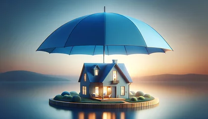 Fotobehang A house with an blue umbrella on top, symbolizing home insurance and Protection concept © Aksaka