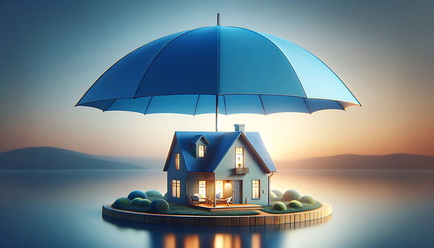 A house with an blue umbrella on top, symbolizing home insurance and Protection concept