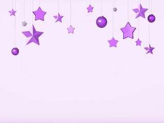 Pretty frames hung with purple stars and purple sphere ornaments and displayed in a purple space.	