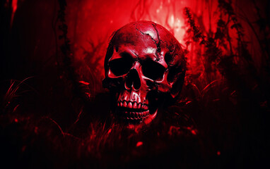 Eerie Wilderness: High Detail Red Human Skull in the Woods - Horror Background