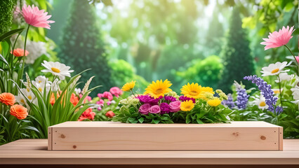 Fototapeta na wymiar studio-podium-for-displaying-products-surrounded-by-a-lush-flower-garden-soft-focus-blooms