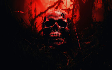 Macabre Discovery: High Detail Red Human Skull in Enchanted Forest