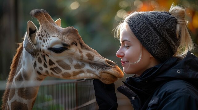 Zookeeper feeding giraffe at zoo Generative AI