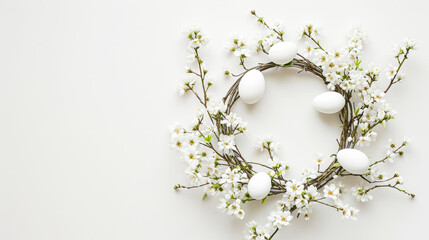 Aesthetic delicate easter wreath with white flowers and pastel eggs. Light background. Decoration...