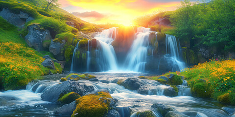 Fototapeta na wymiar a fantastic waterfall in the mountains at springtime