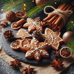 Christmas gingerbread cookies lie on the table together with cinnamon and pine cones